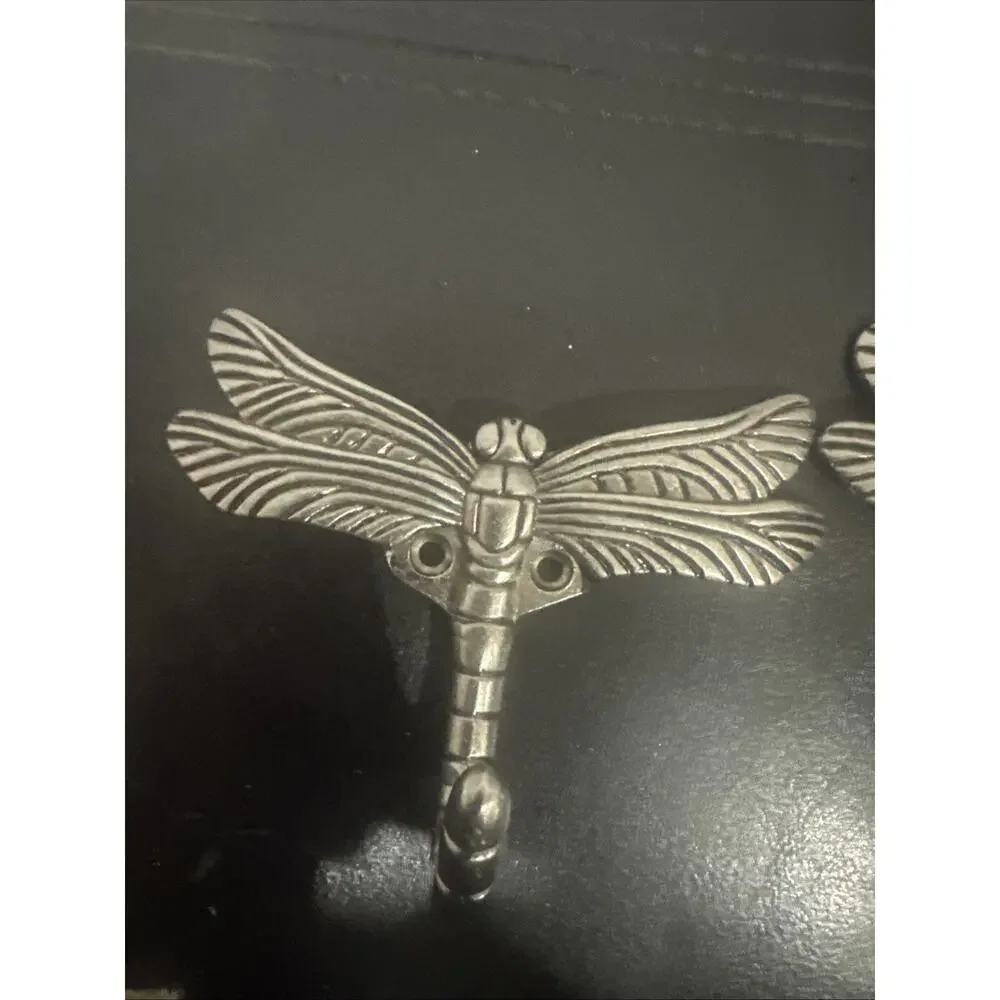 Pair Vintage Silver Tone Dragonfly Wall Hooks 4x3 Decorative Metal Coat Hook